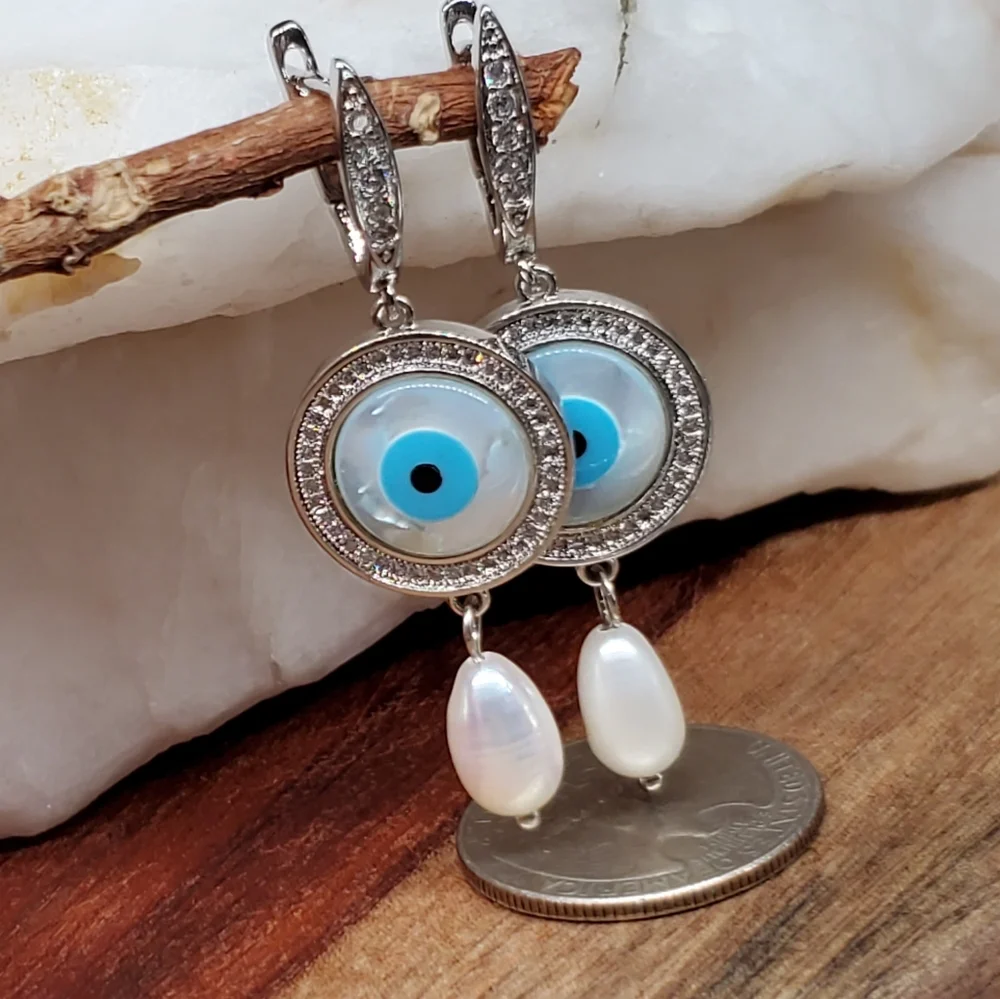 Rhodium Platinum plated Earrings Topaz Pave Pearl Evil Eye Mother Of Pearl